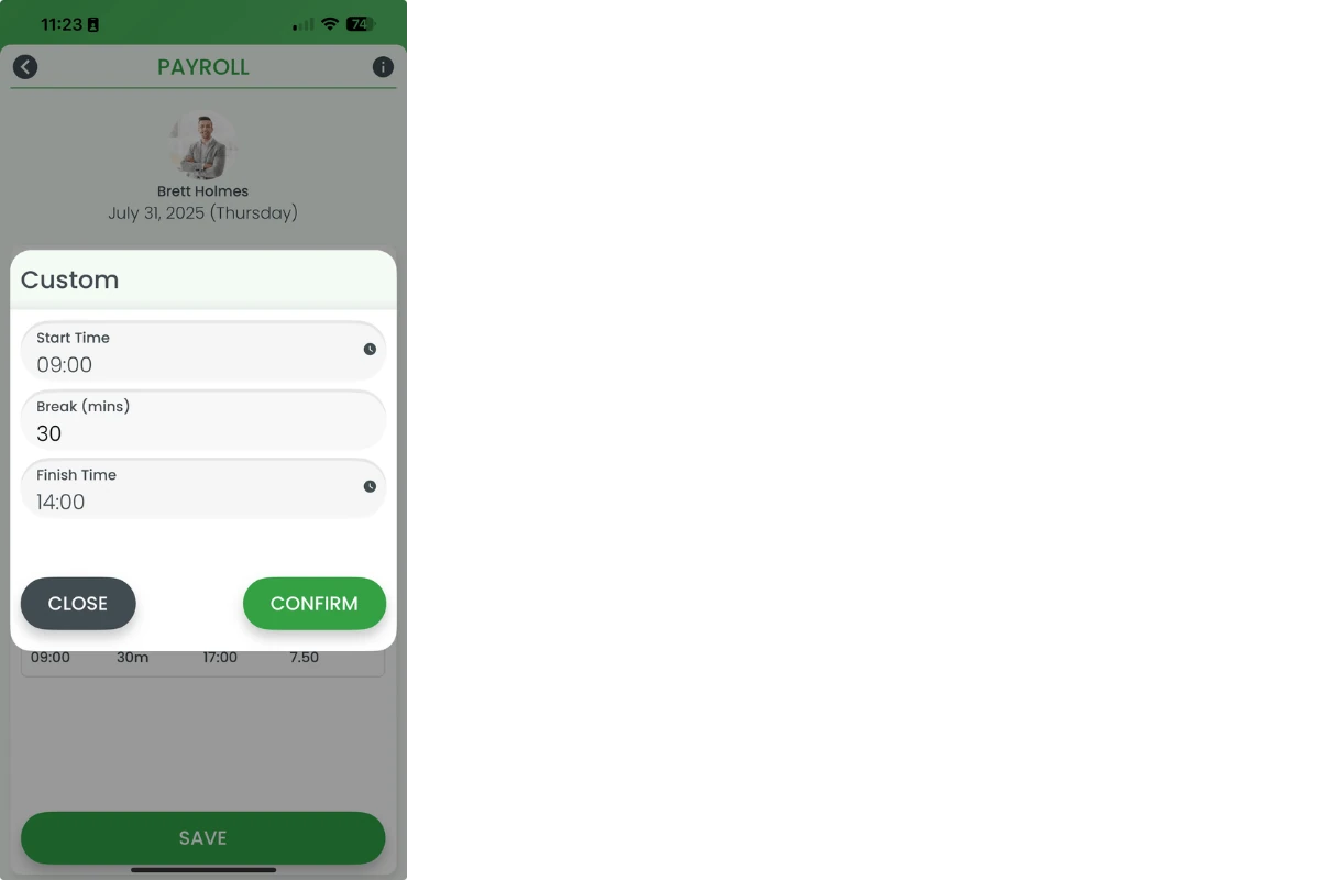 Adjusting the number of hours in the RosterElf app payroll screen