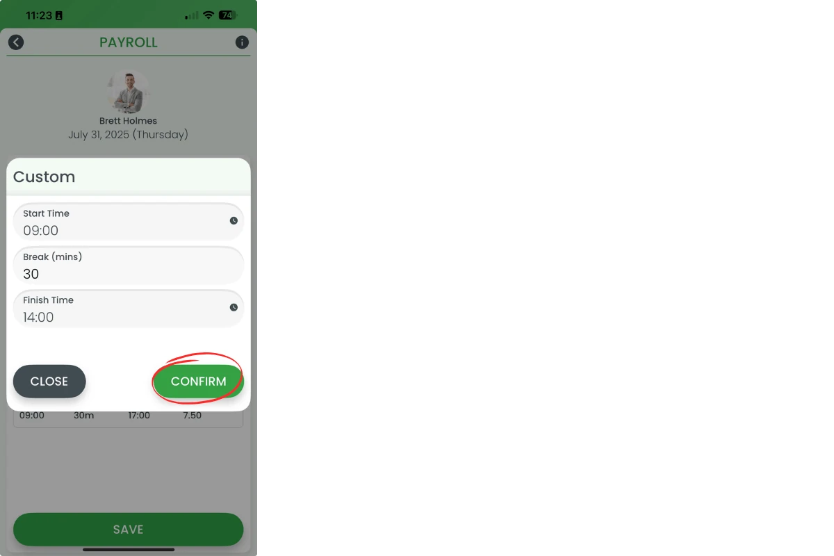 RosterElf app payroll edit with the Confirm button
