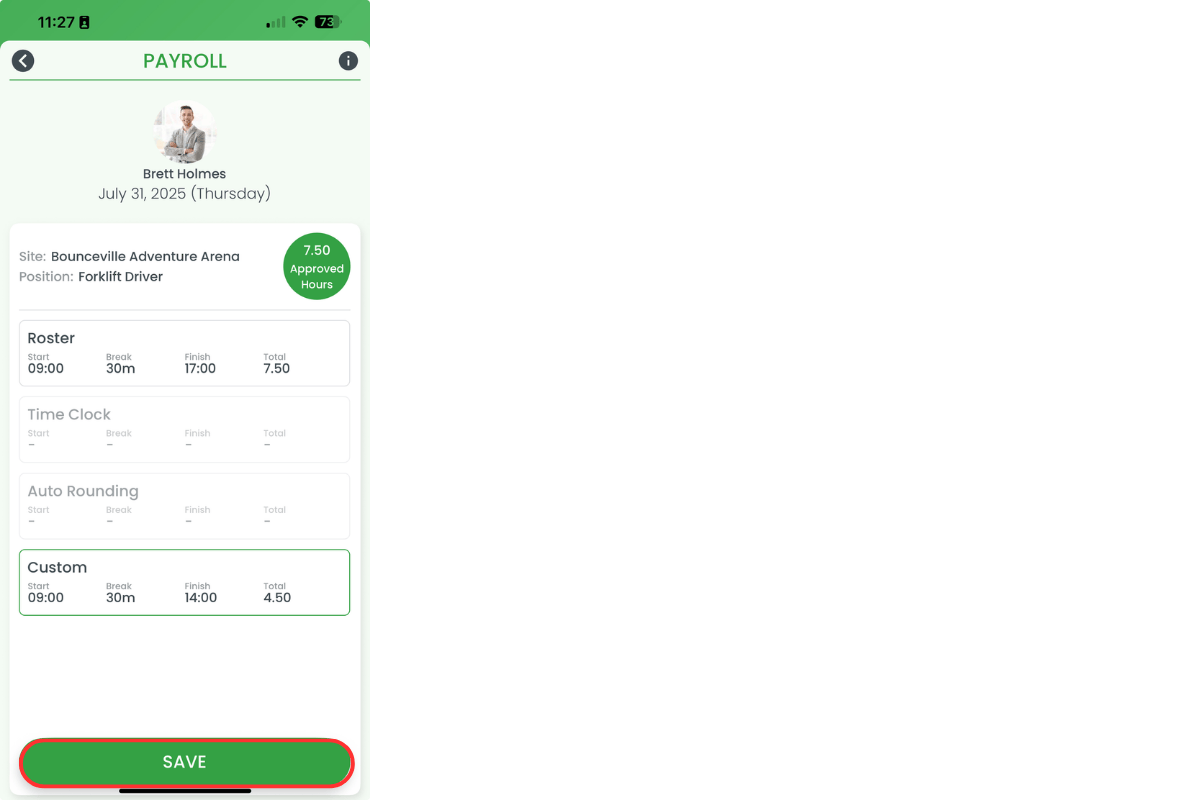 Payroll section in RosterElf