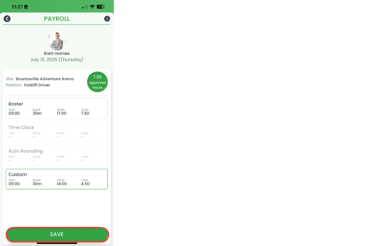 RosterElf app payroll with the Save button to finalise changes