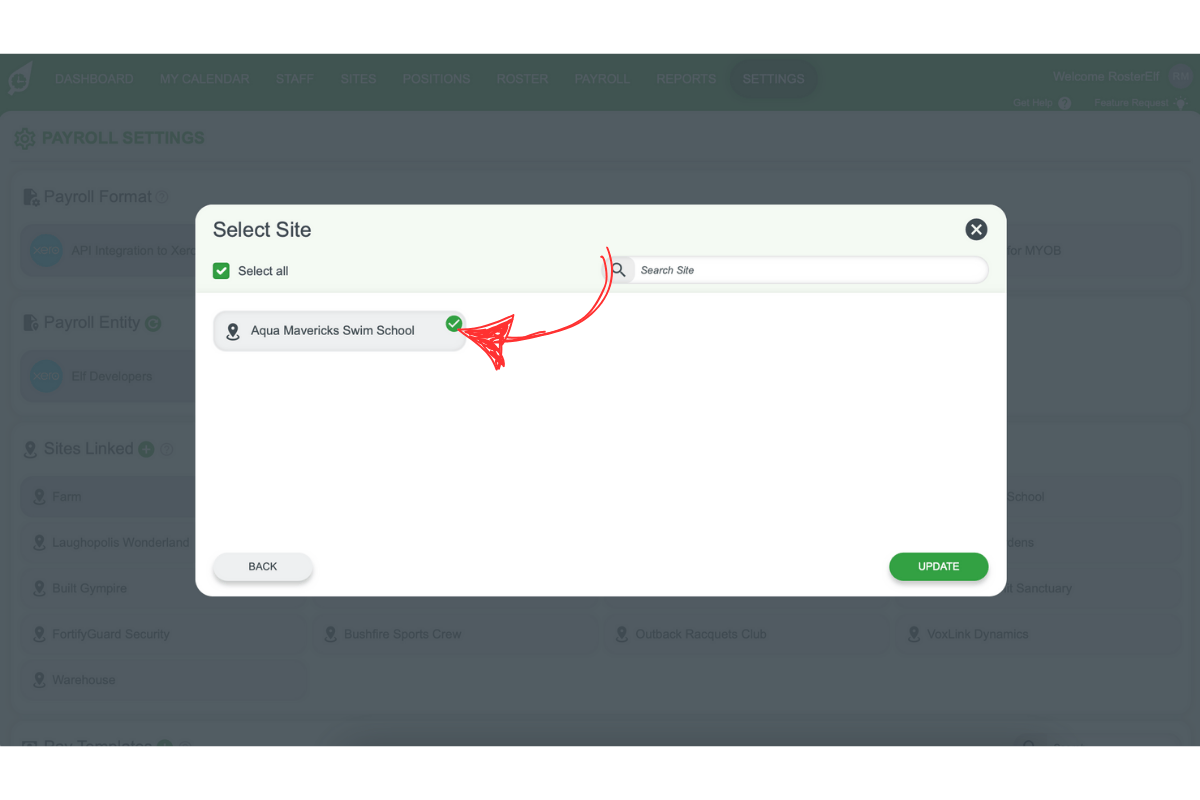 Screenshot displaying the list of available sites to choose from