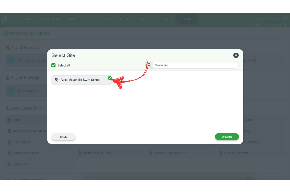 Screenshot displaying the list of available sites to choose from