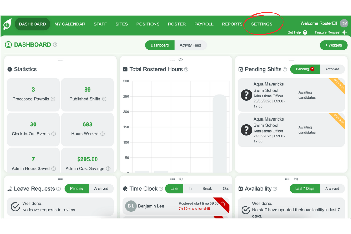 Screenshot of the Settings menu in the payroll system