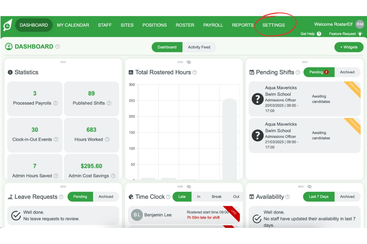 Screenshot of the Settings menu in the payroll system