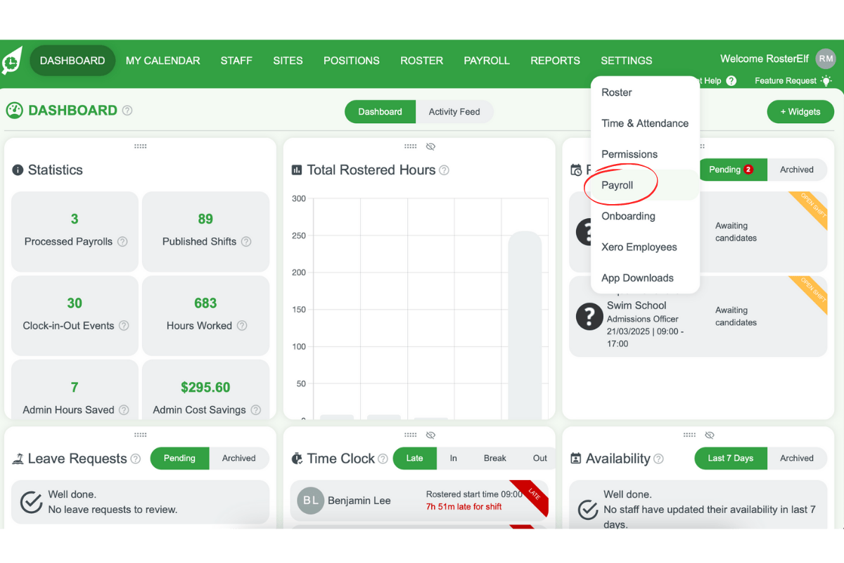 Screenshot highlighting the Payroll option under Settings