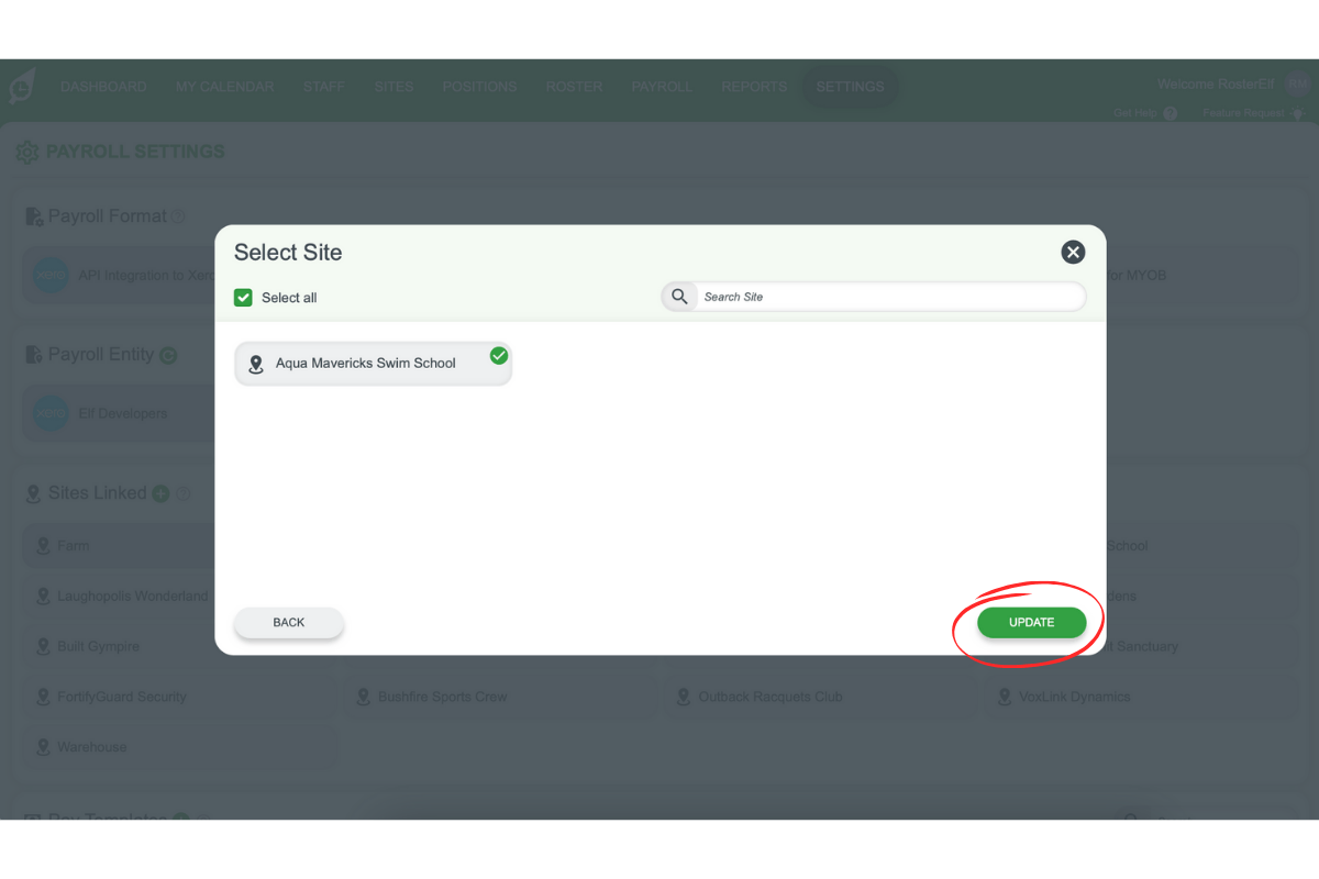 Screenshot highlighting the Save button to link the site