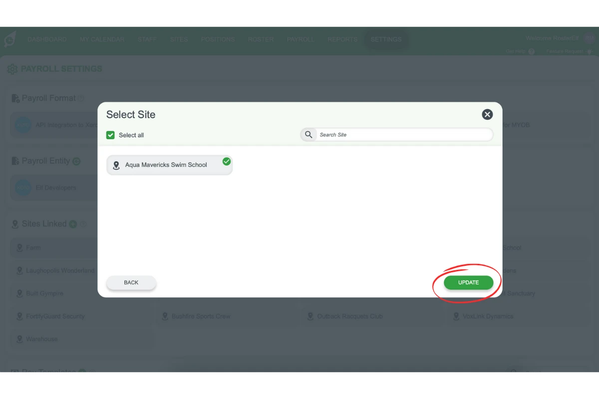 Screenshot highlighting the Save button to link the site