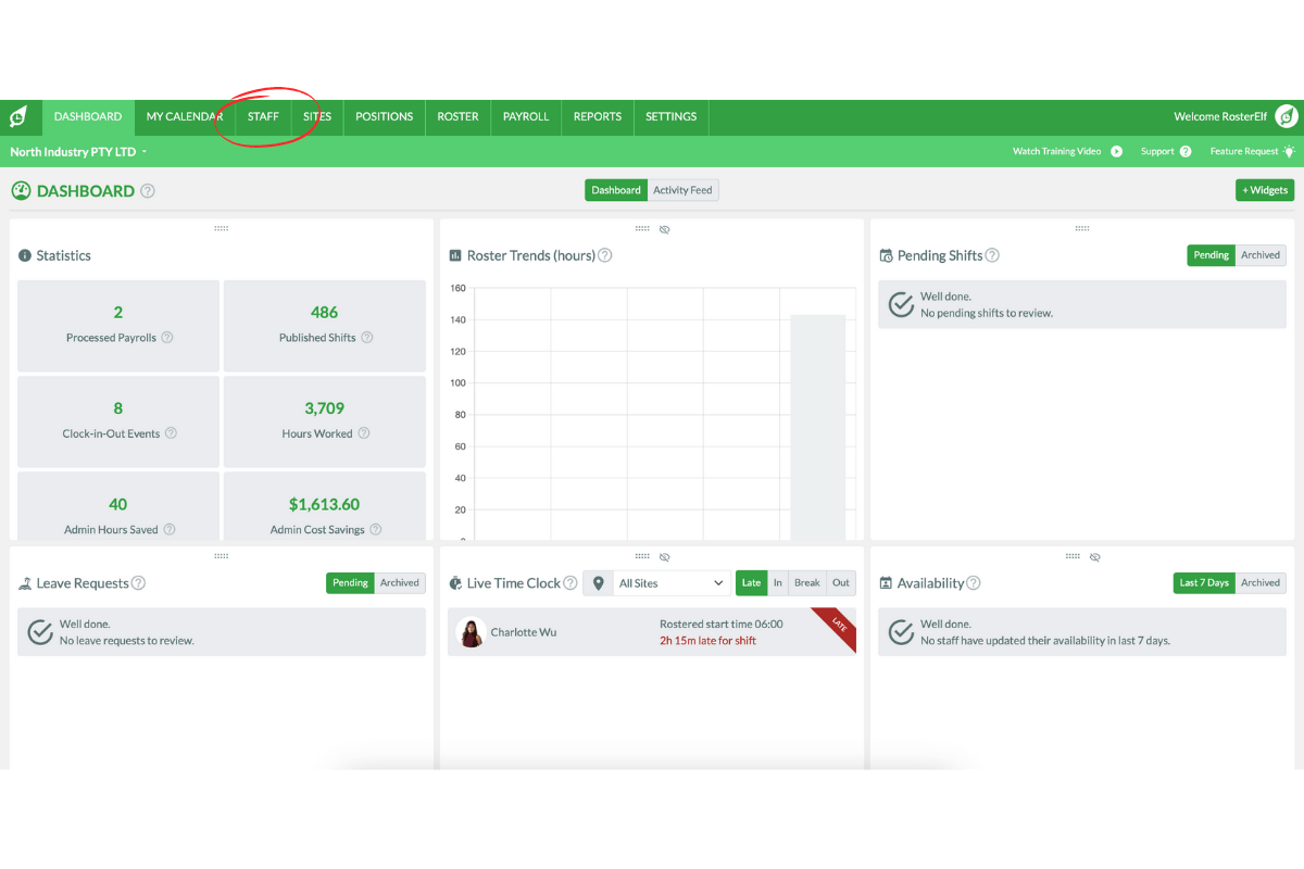 Staff tab in top menu of RosterElf