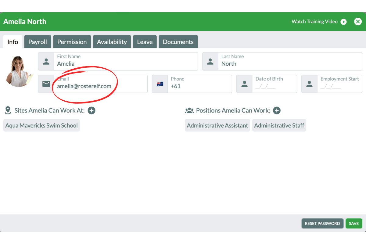 Employee profile tab showing email address field