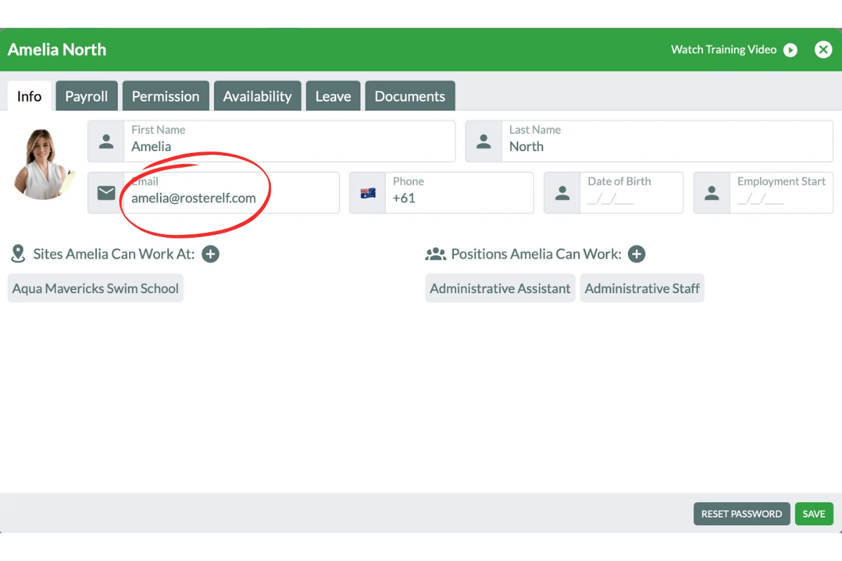 Employee profile tab showing email address field