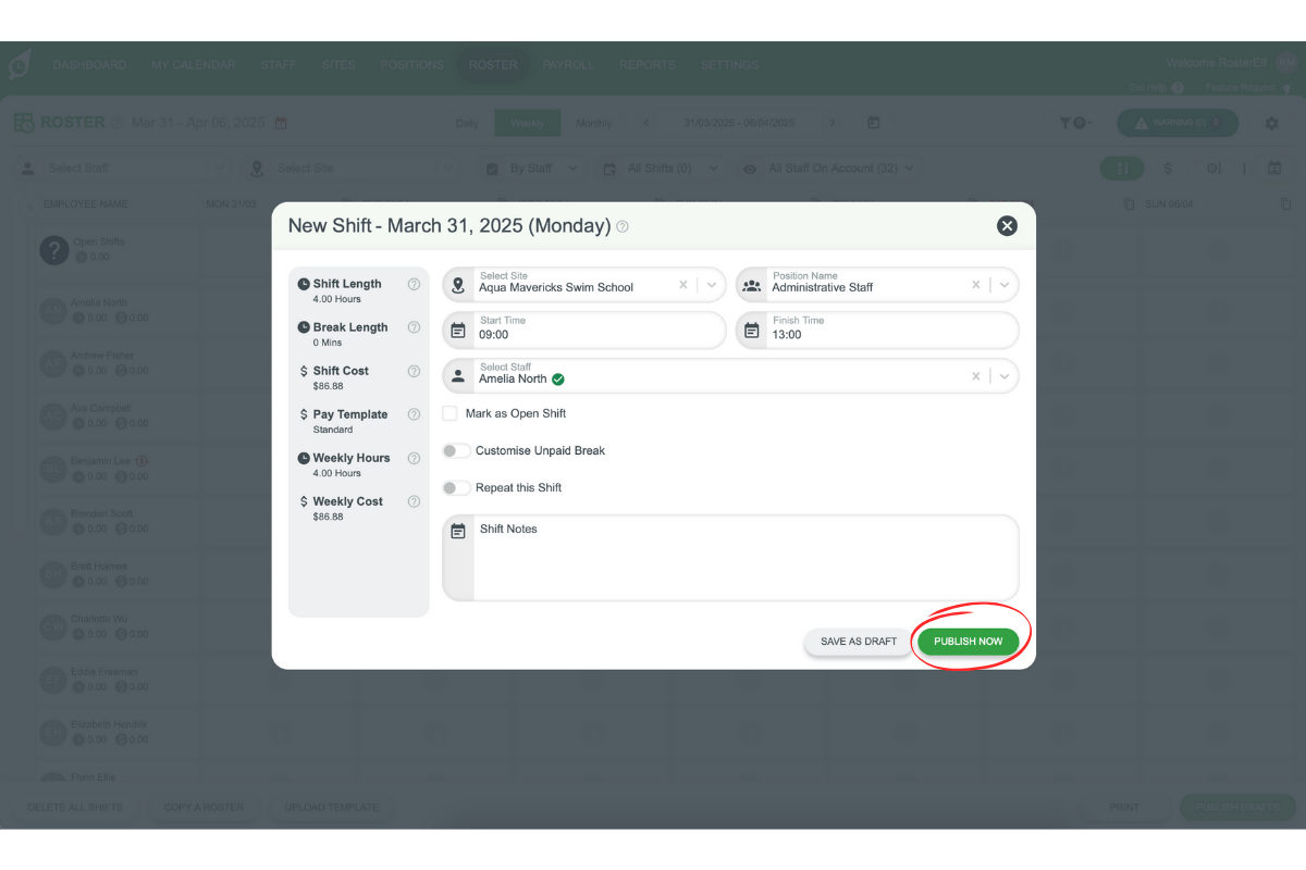 Shift details entry form in RosterElf