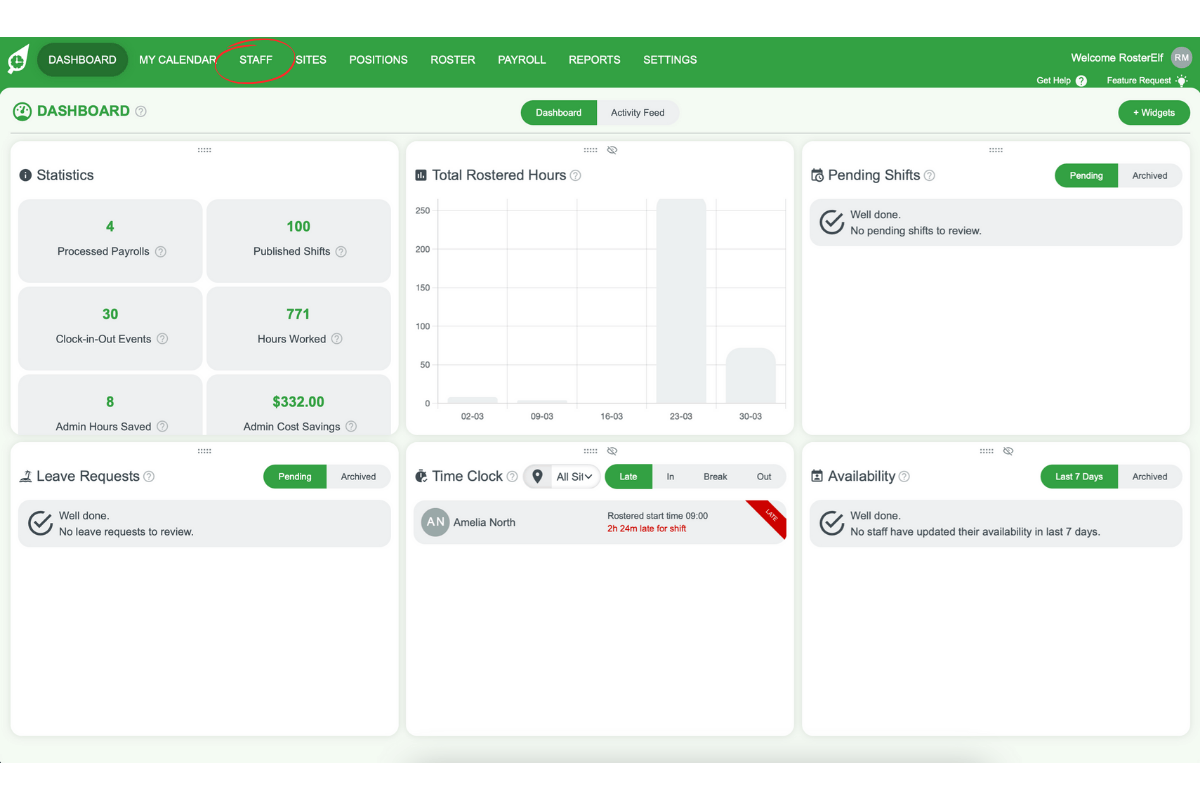 Staff tab in top menu of RosterElf
