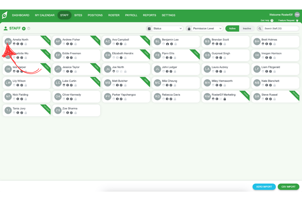 Selecting a staff member from the staff list