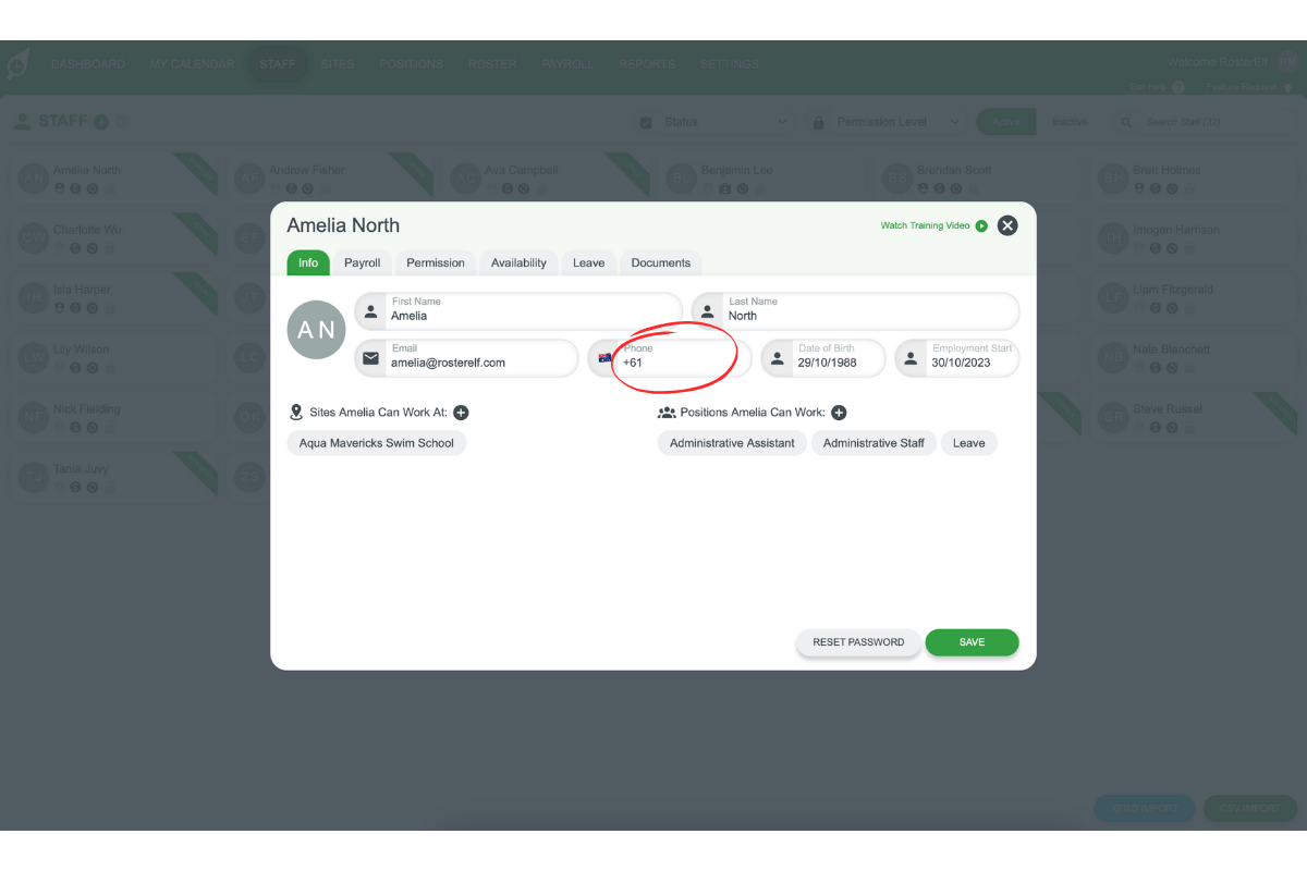 Staff profile showing mobile number field with country code