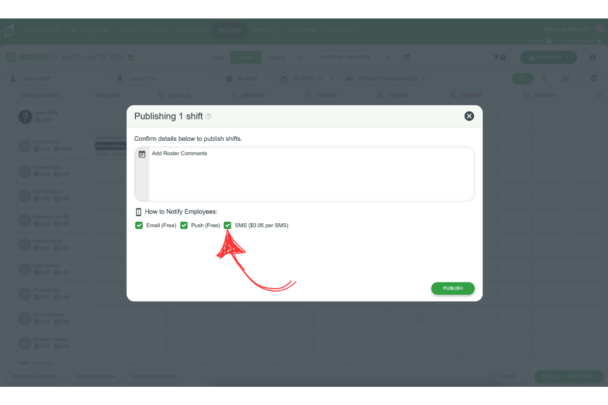 SMS notification checkbox in roster publishing settings