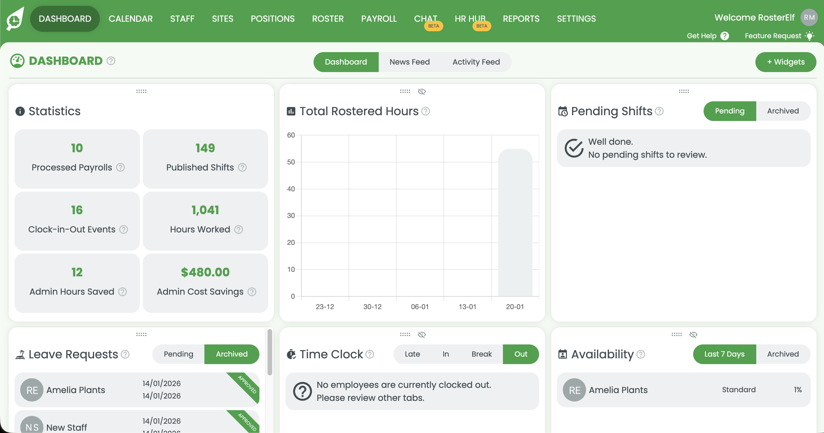 RosterElf main menu showing the Roster navigation tab