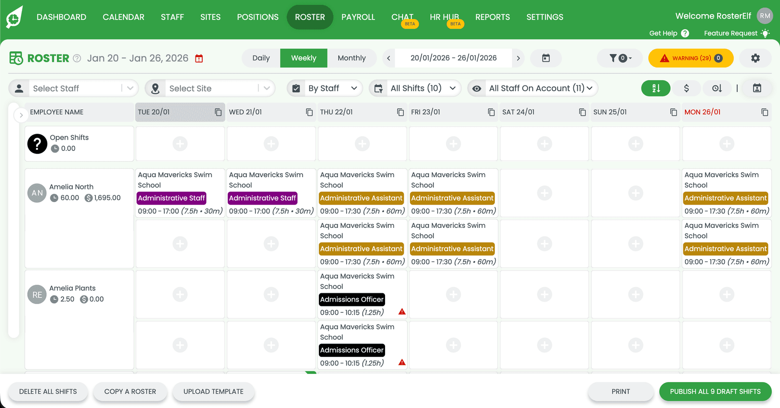 RosterElf roster screen showing the plus button to add a new shift