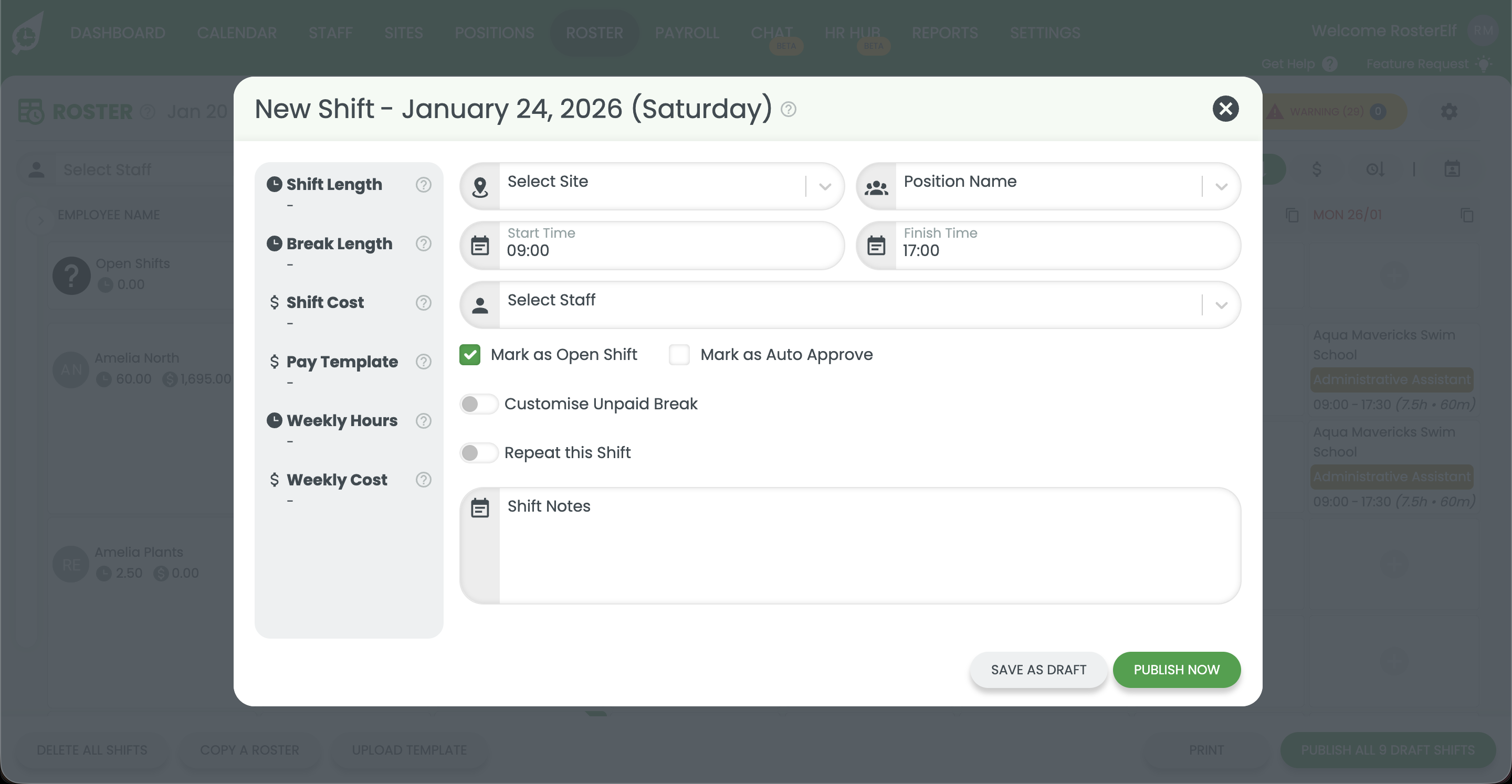 RosterElf shift details form showing site, position, and time fields