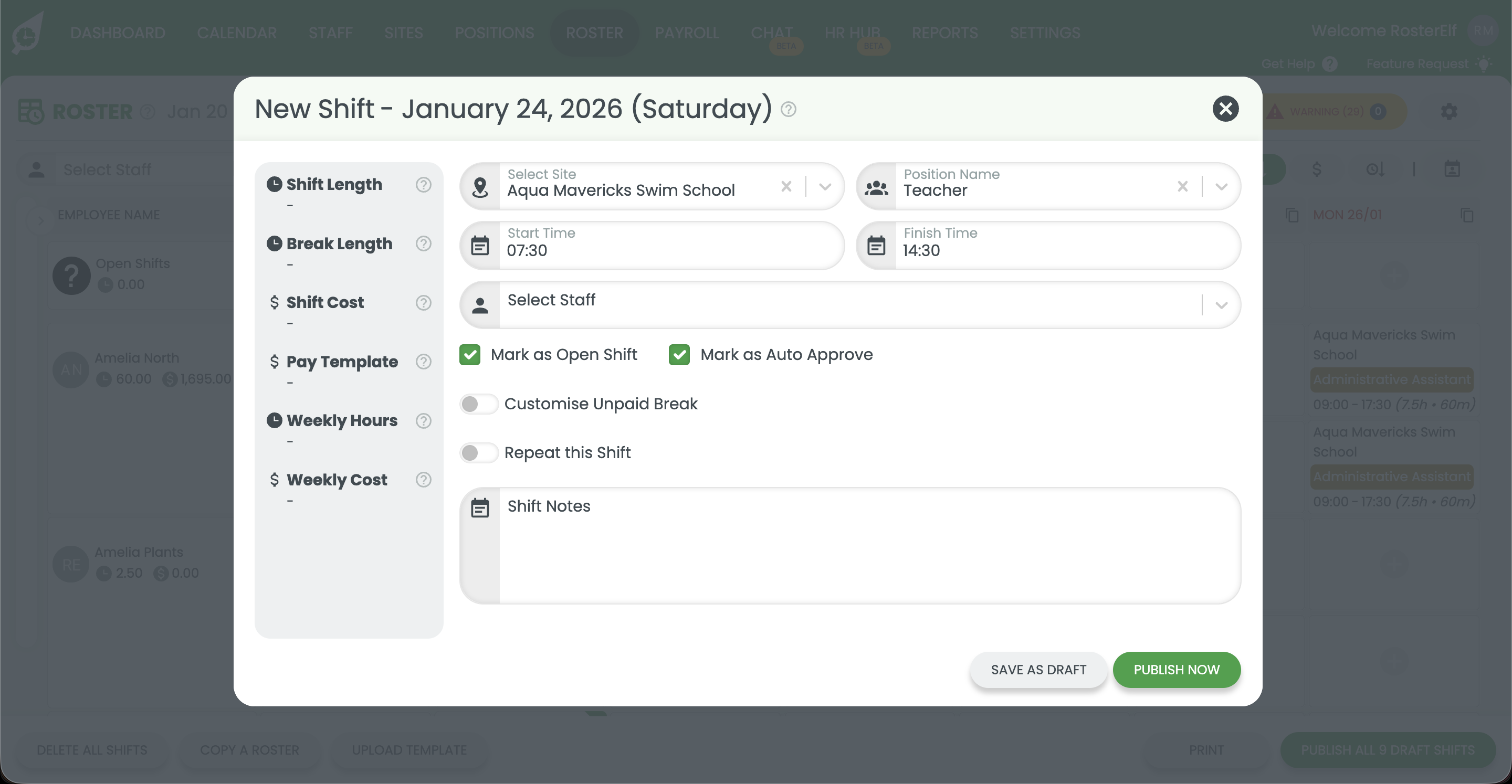 RosterElf shift form showing the auto-approval toggle option
