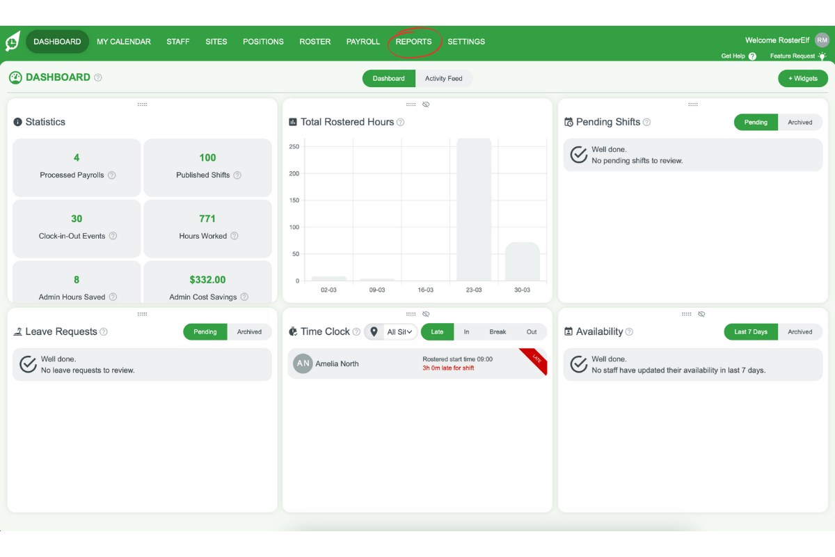 RosterElf - opening the Reports tab