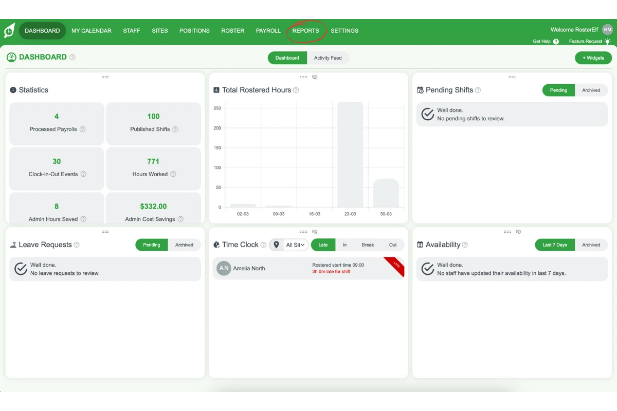 RosterElf - opening the Reports tab