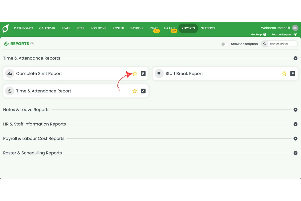 Favouriting a report by clicking its star icon in RosterElf