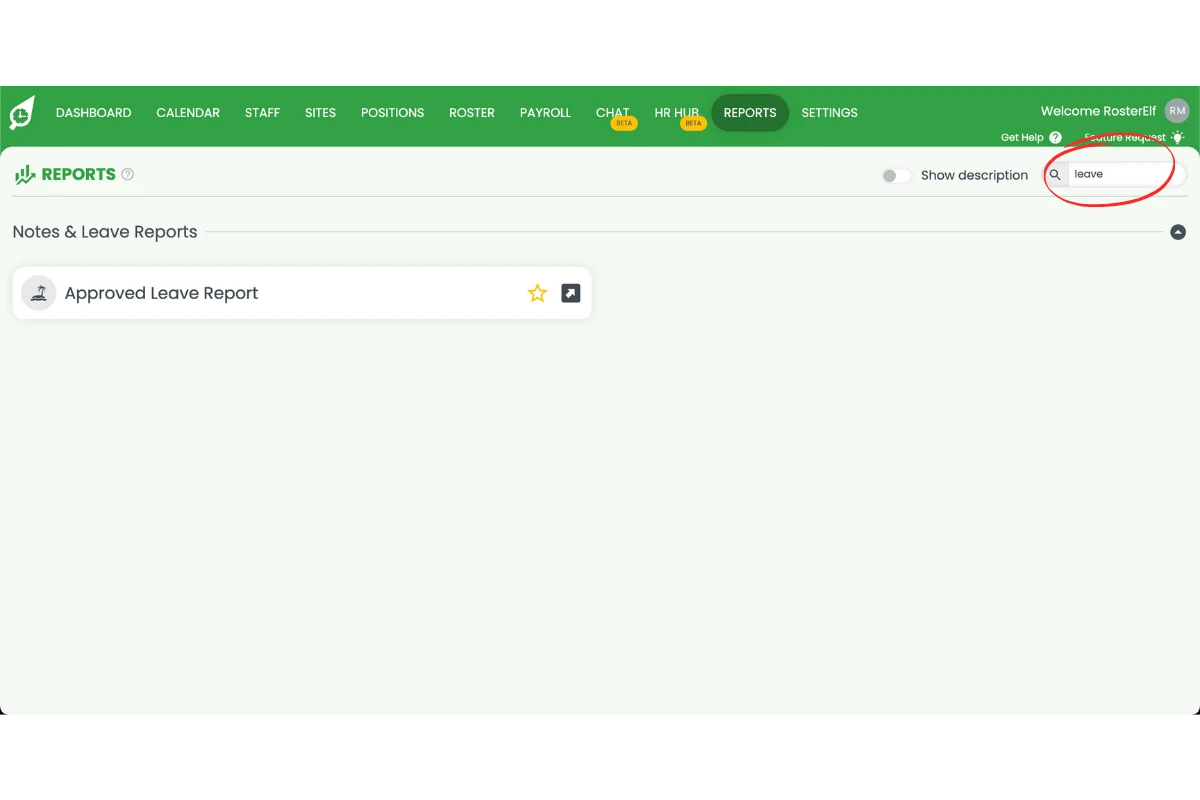 Searching for a report using the RosterElf reports search bar
