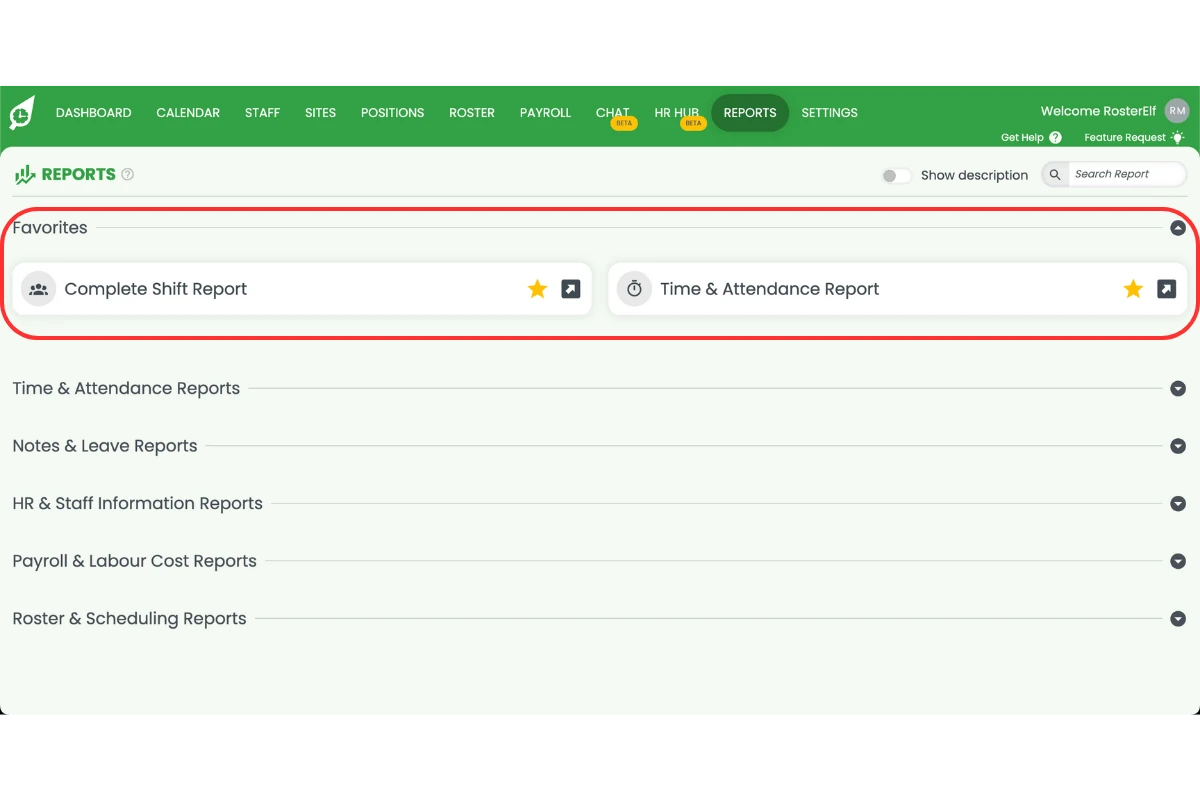 Switching between all and favourite reports in RosterElf