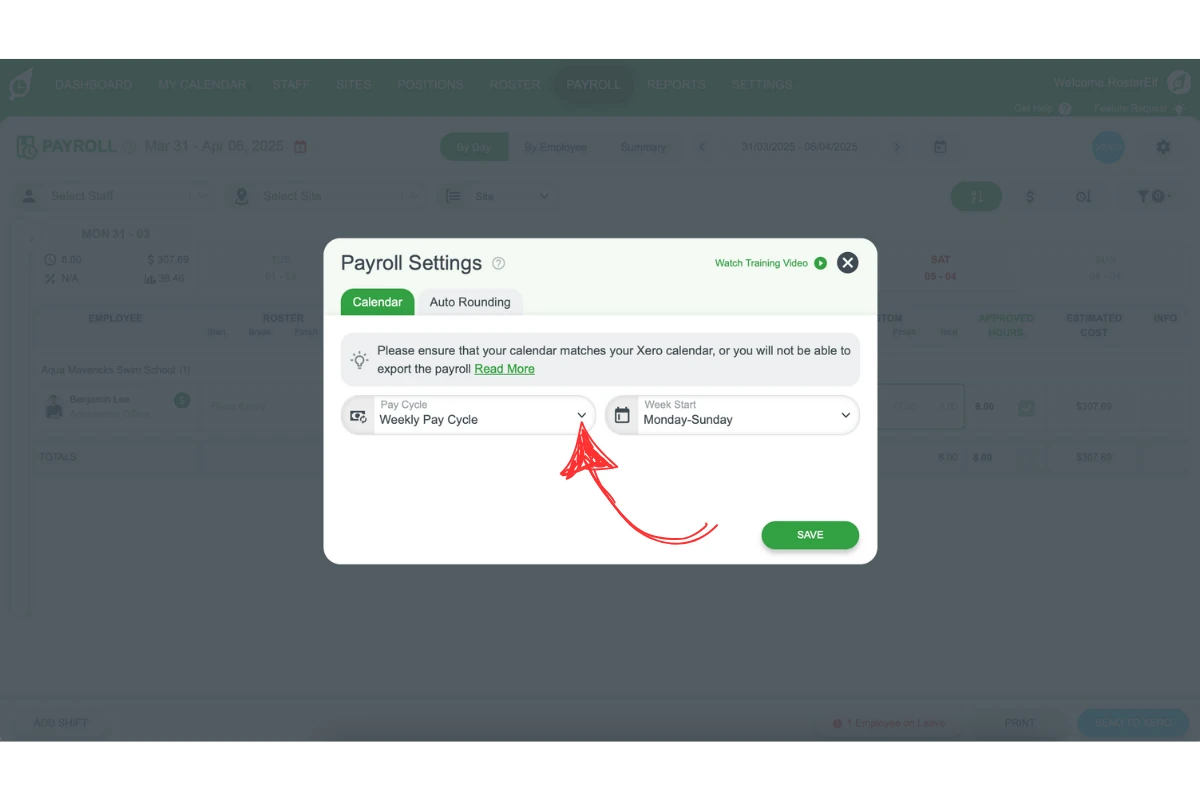 Screenshot of the Payroll Settings modal in RosterElf showing the Pay Cycle dropdown and Save button