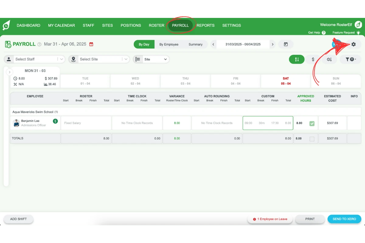 Screenshot showing the Payroll tab and the settings gear icon in RosterElf