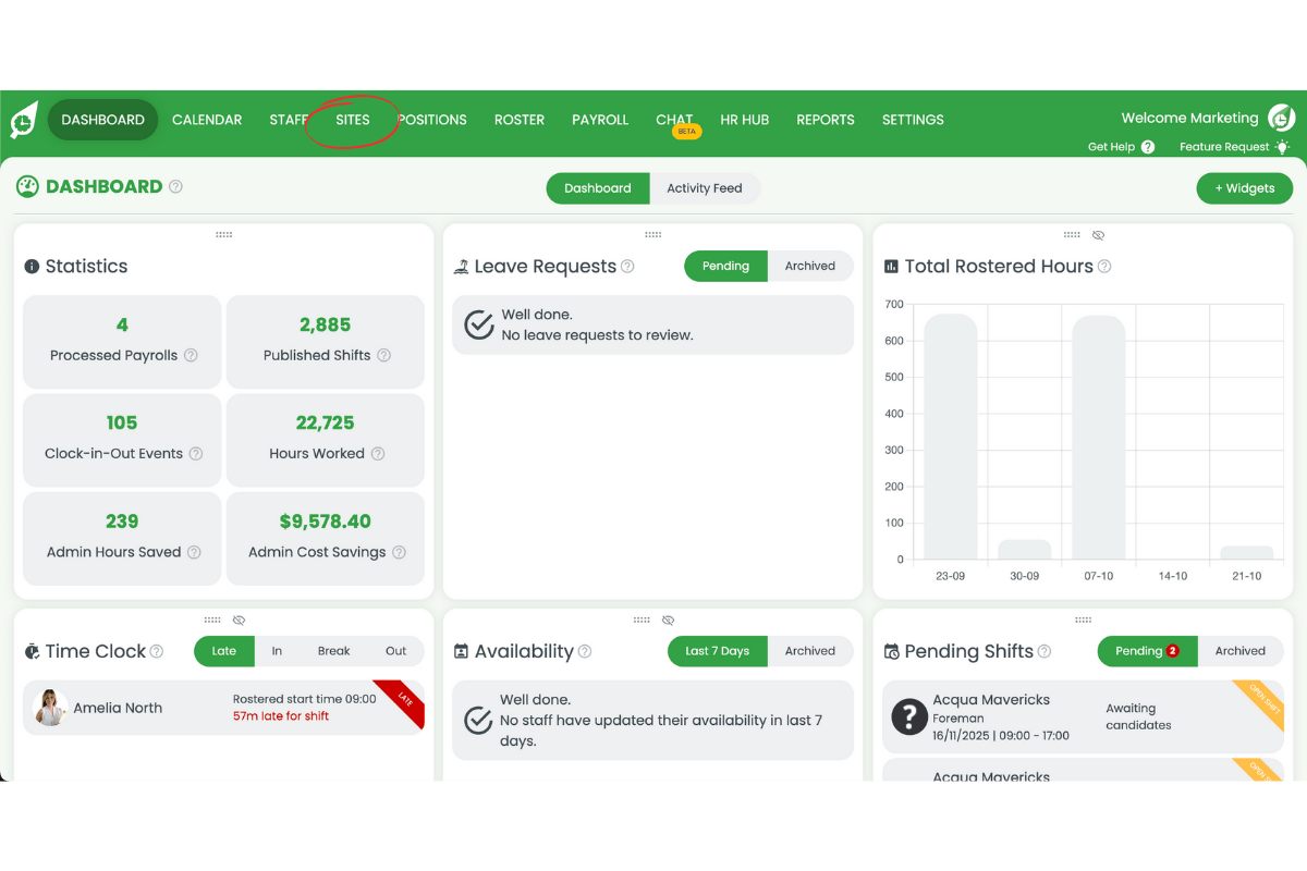 Sites tab navigation