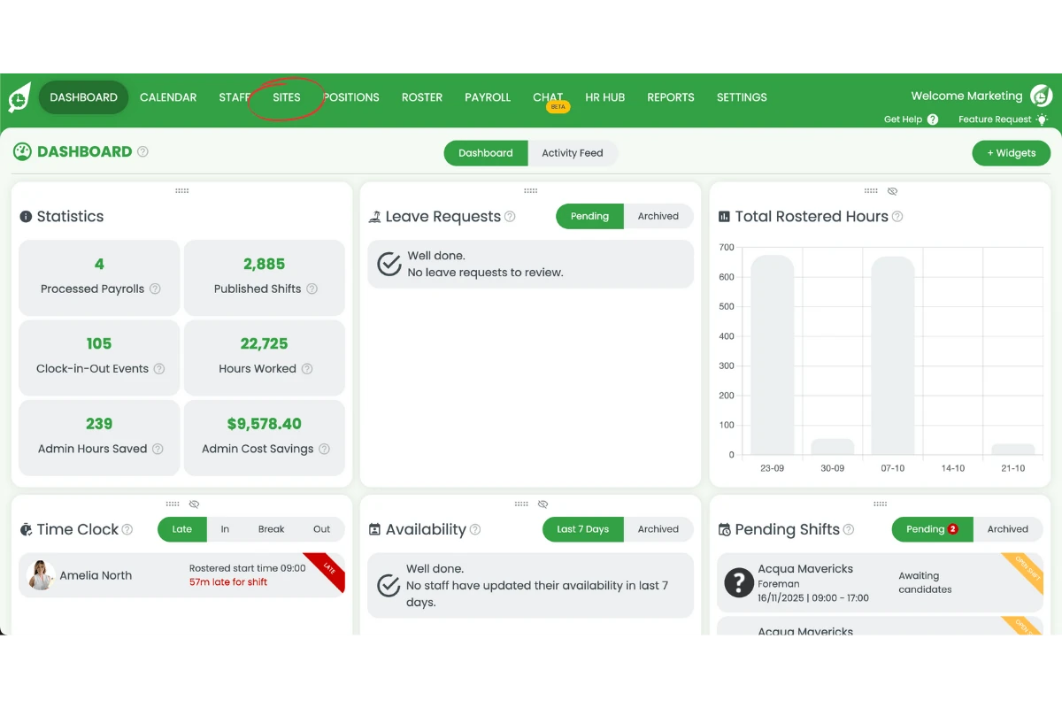 Screenshot showing the permission level summary in RosterElf with Admin, Manager, and Staff roles