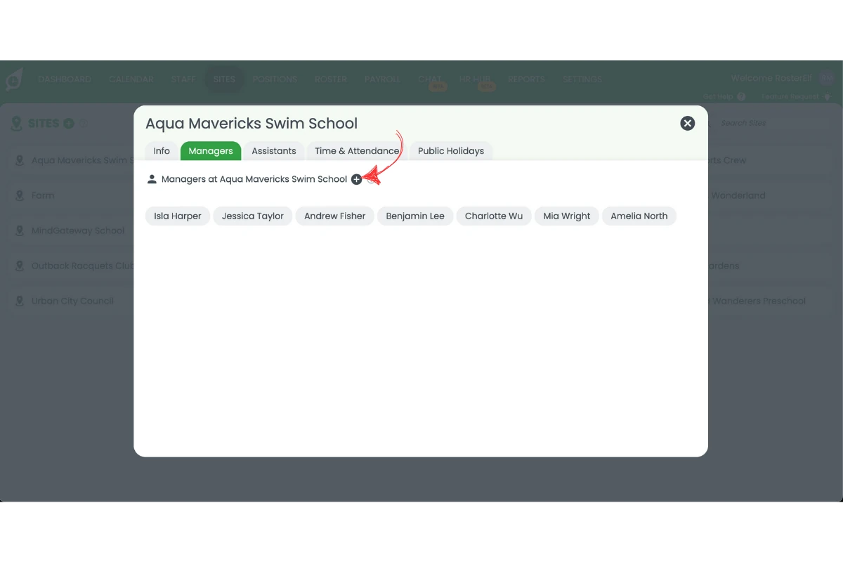 RosterElf Managers tab with the plus button to add a manager