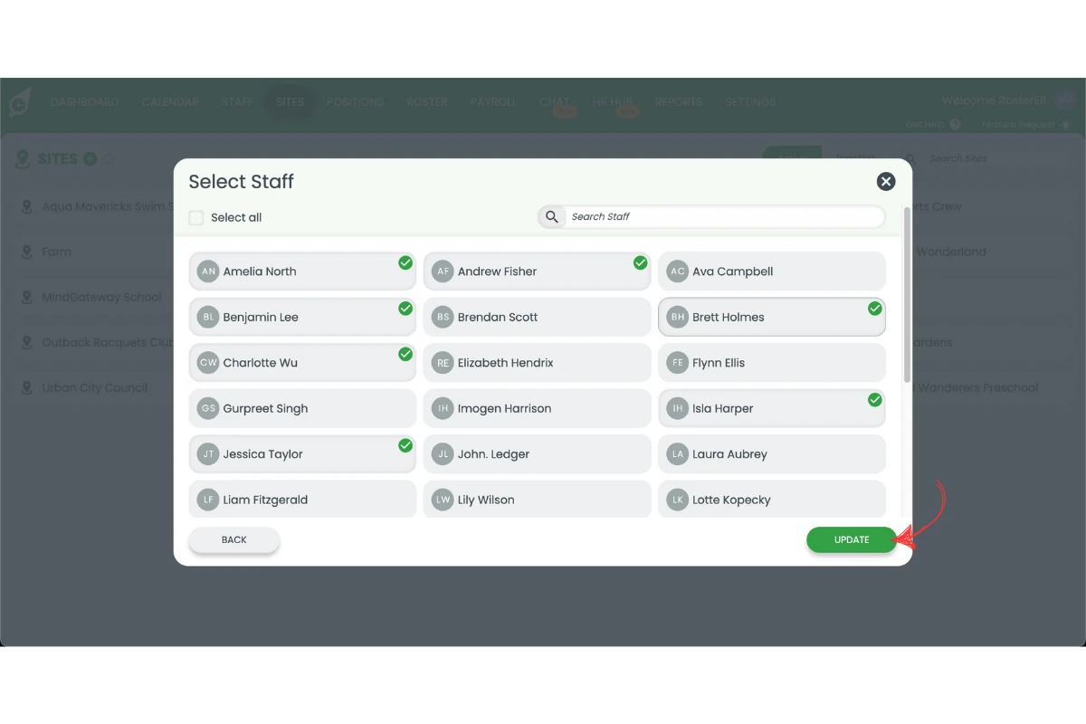 RosterElf manager selection dialog with the Update button