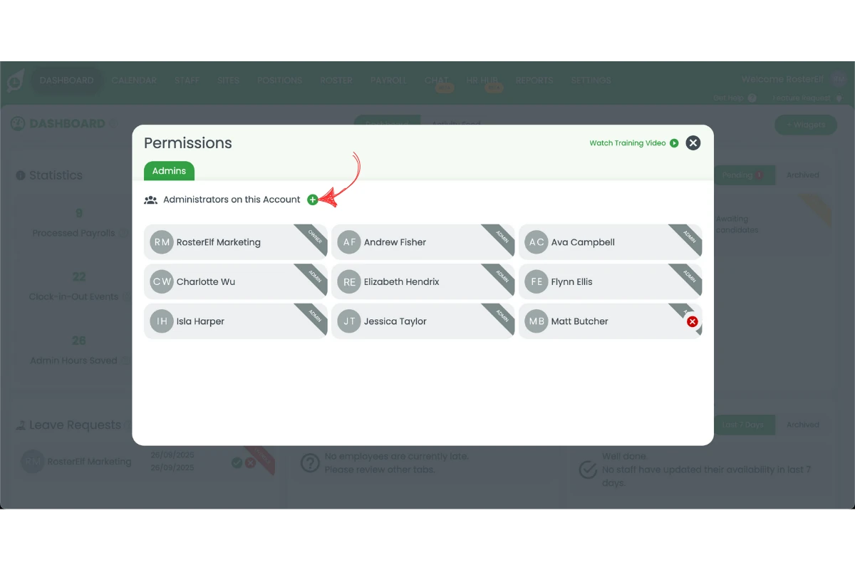 RosterElf Permissions page with the plus button to add an admin