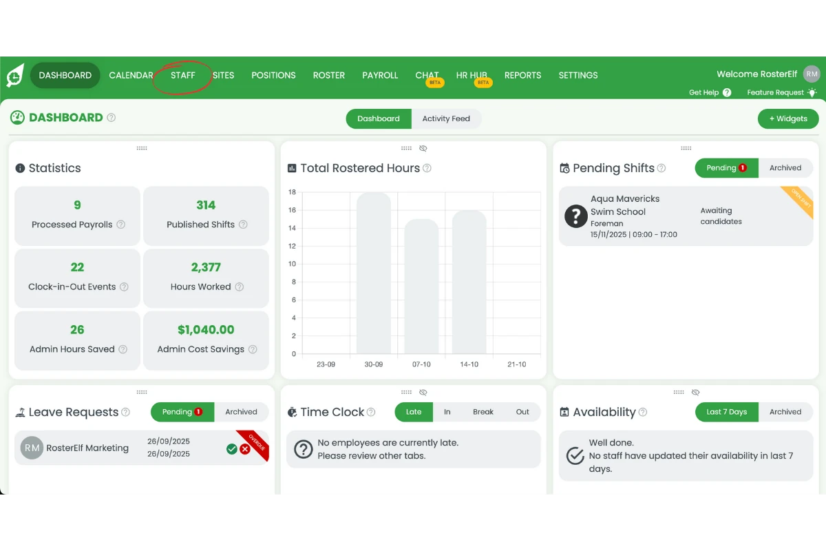 RosterElf Staff tab showing an overview of user permissions