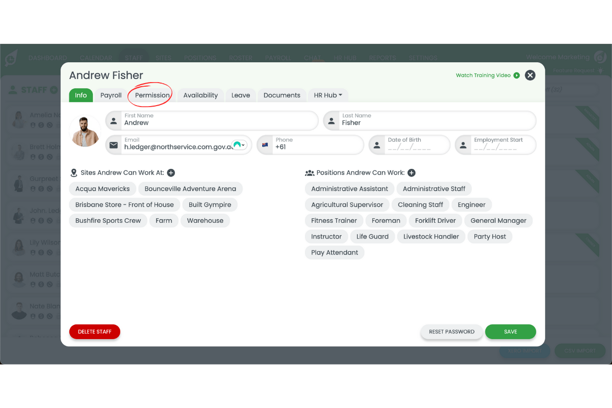 Permission tab for user