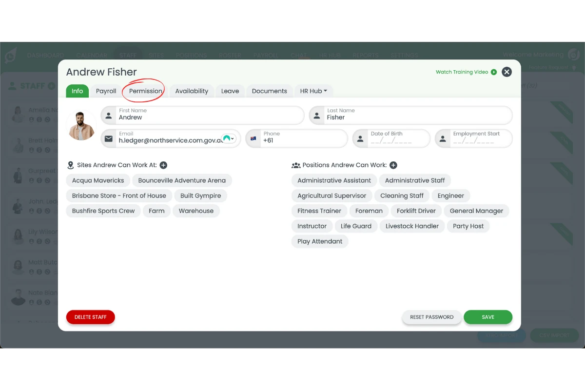 RosterElf staff profile open on the Permission tab to edit access