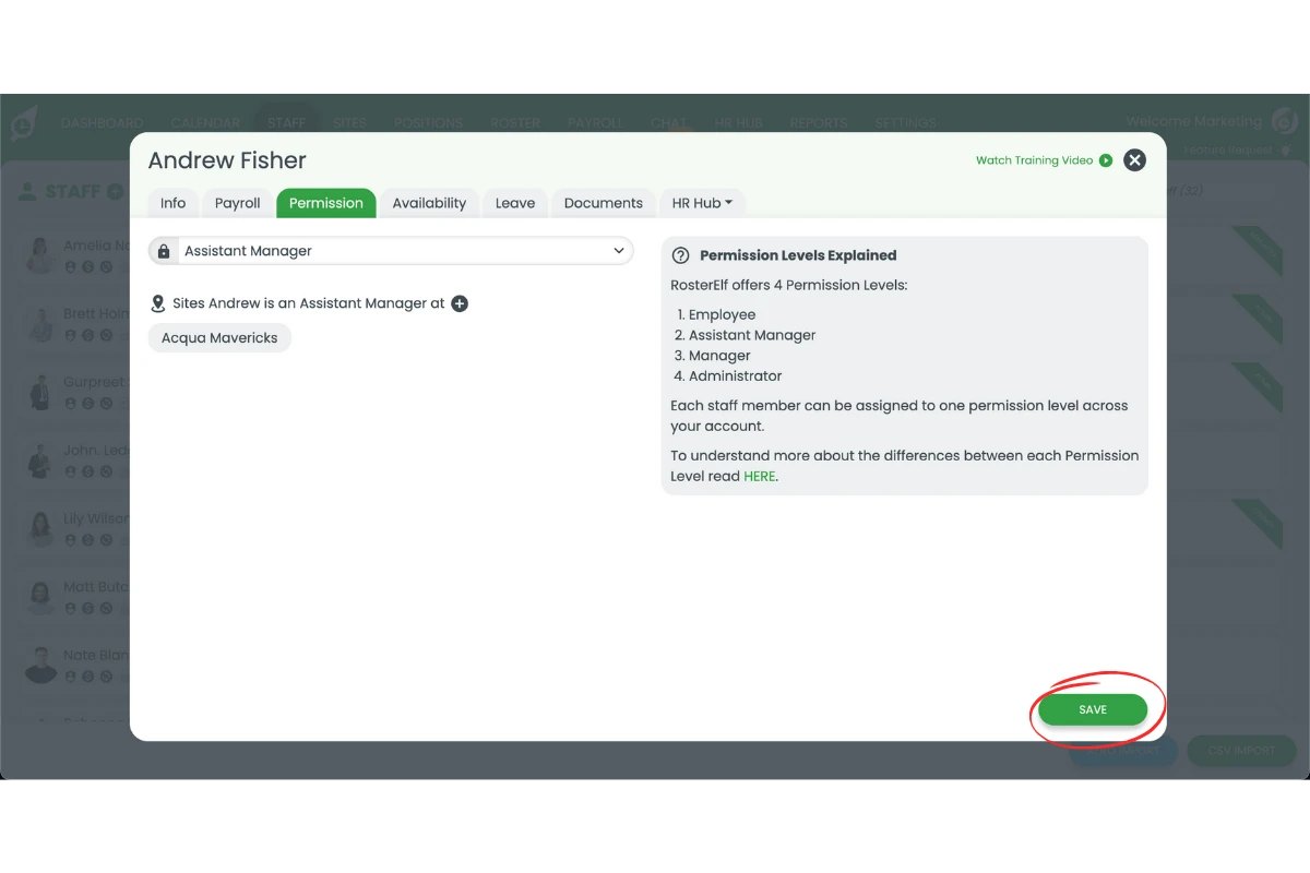 RosterElf Permission tab with the Save button to confirm changes