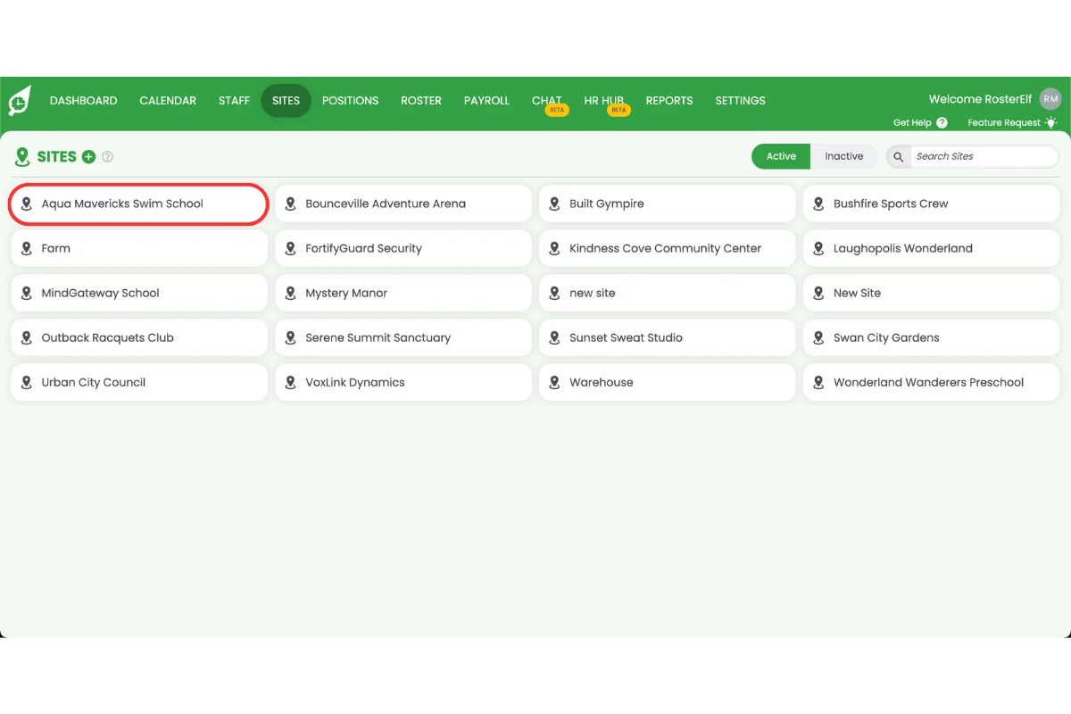 RosterElf Sites tab with a site selected to open its settings