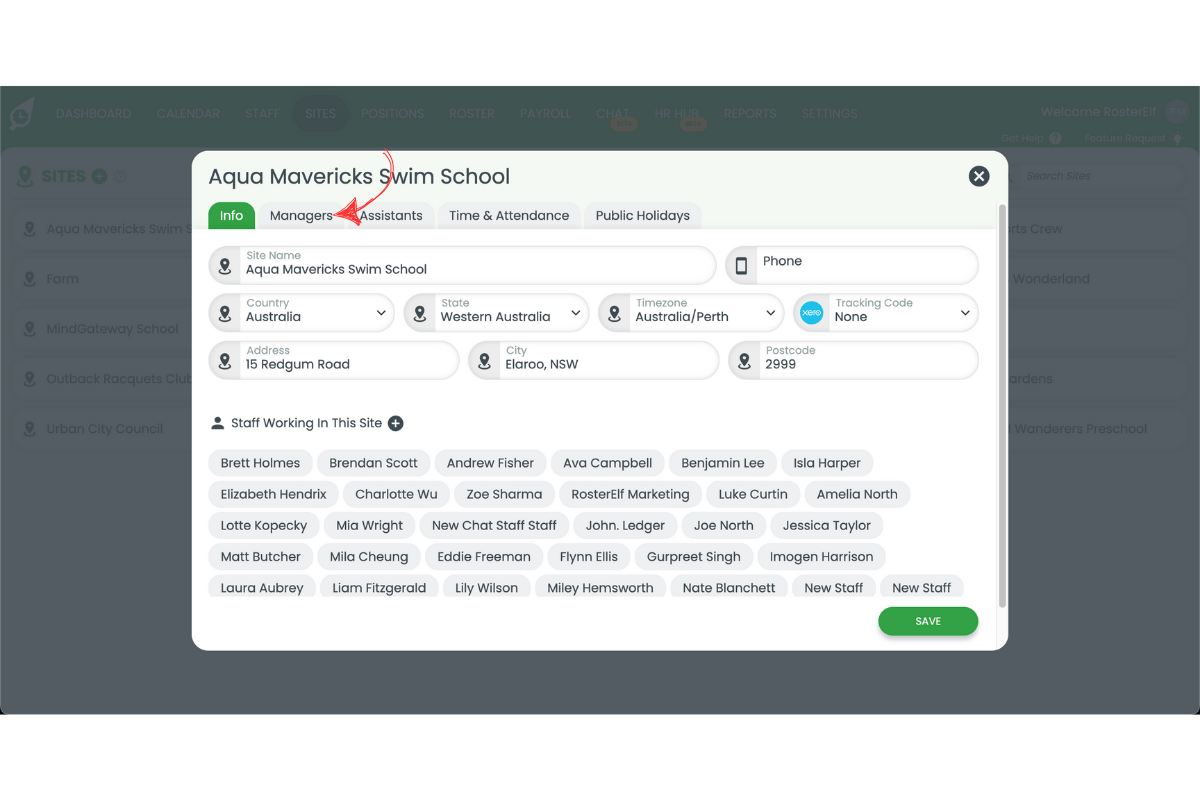 Managers tab in site