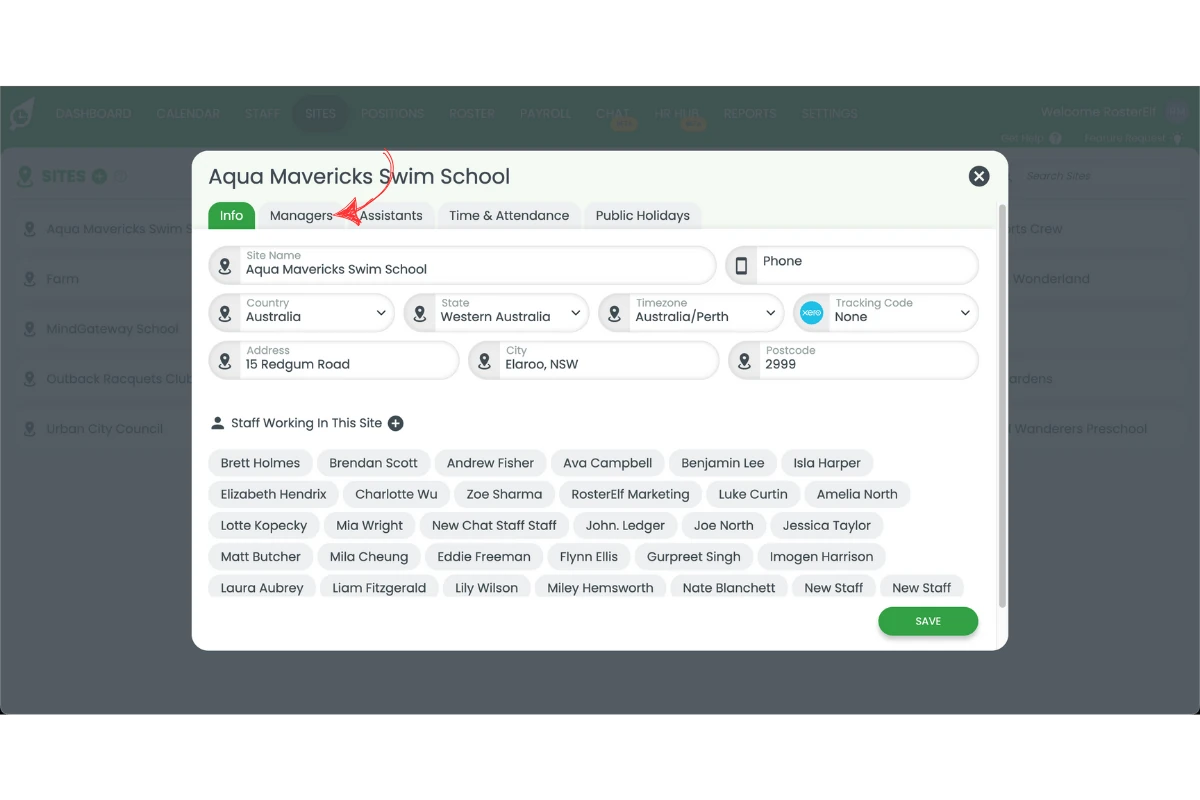 RosterElf site pop-up with the Managers tab selected
