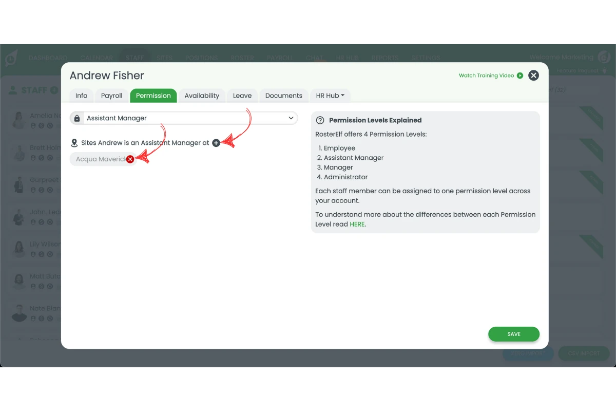 RosterElf Permission tab assigning Manager or Assistant Manager roles to sites