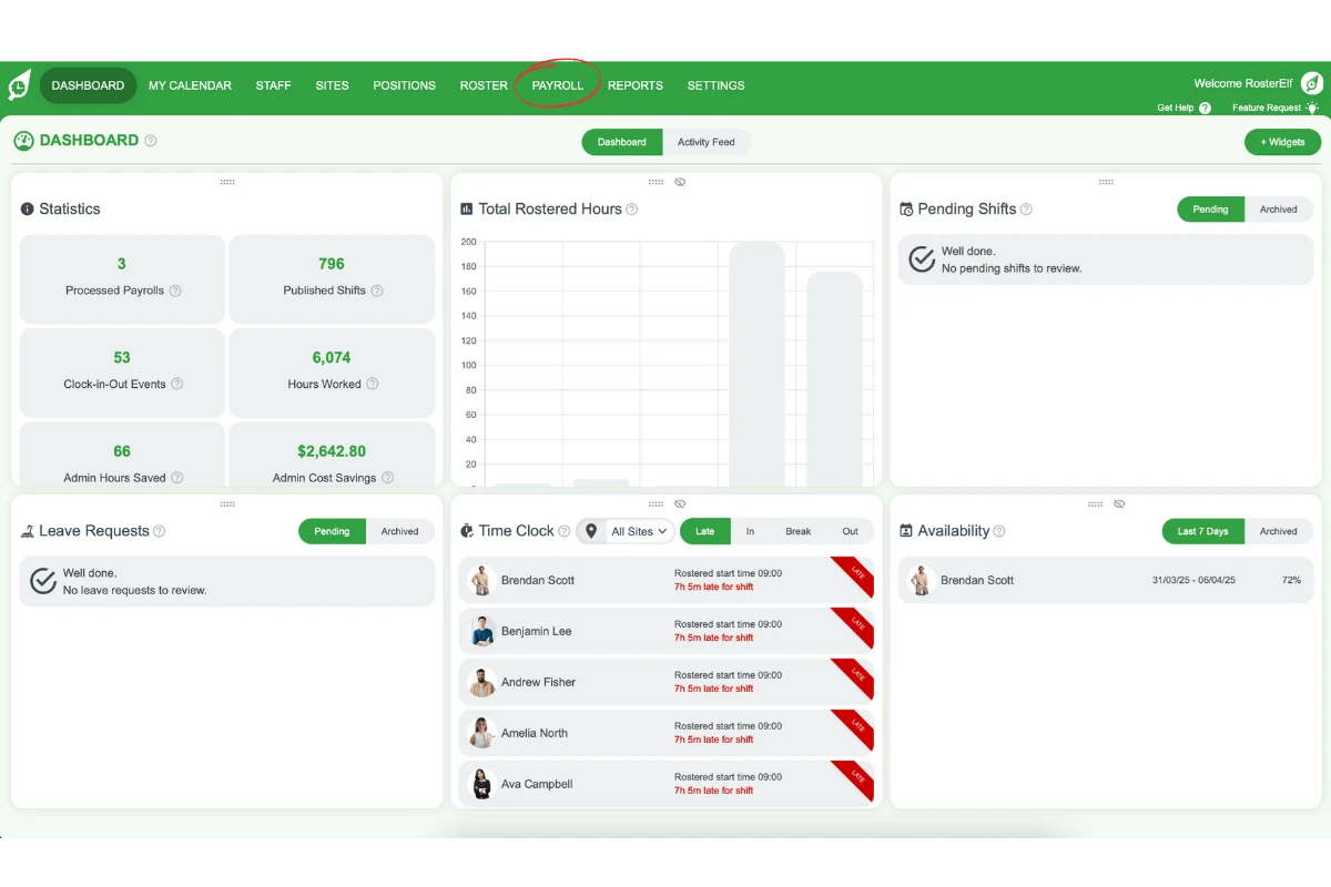 Payroll tab in the main menu