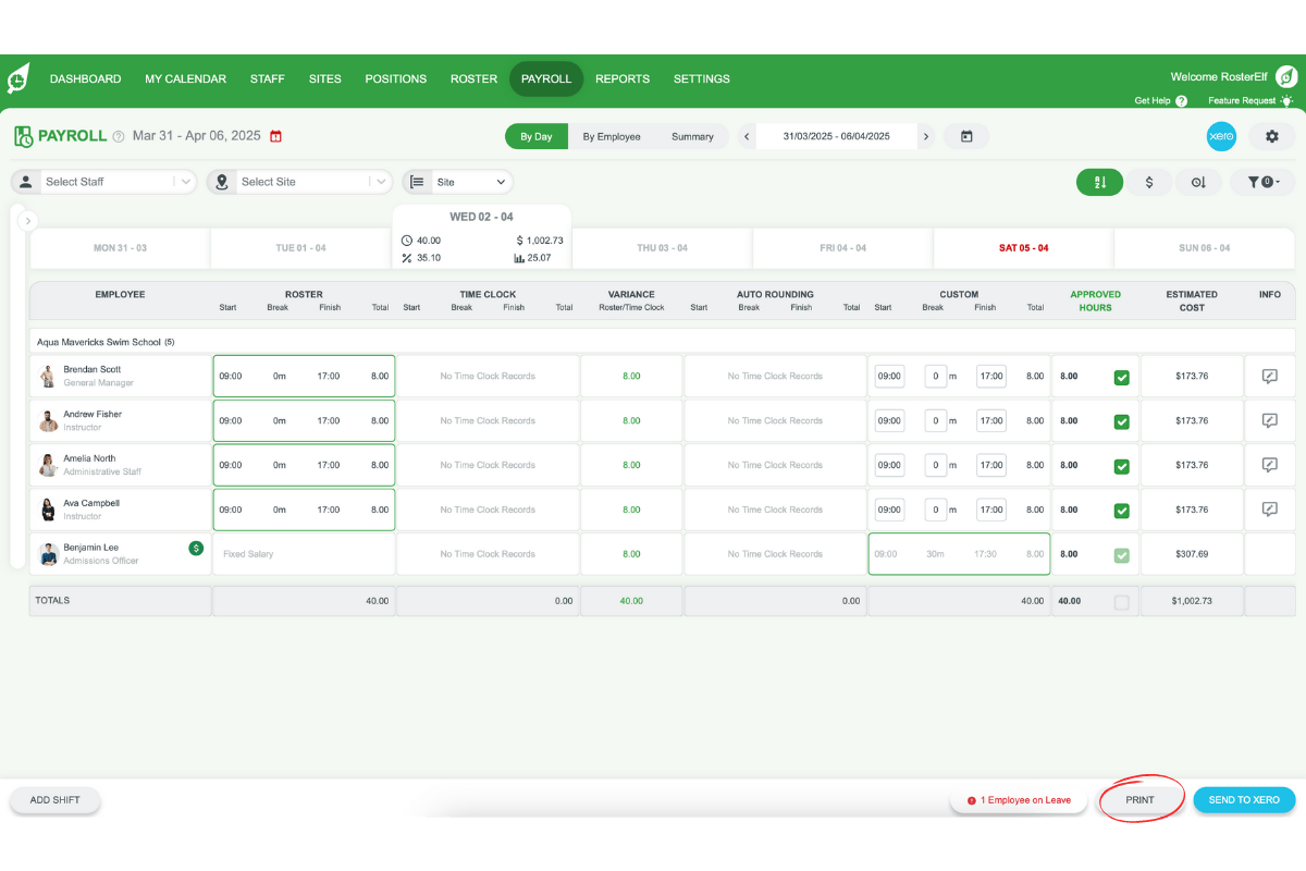 Print button on the payroll page