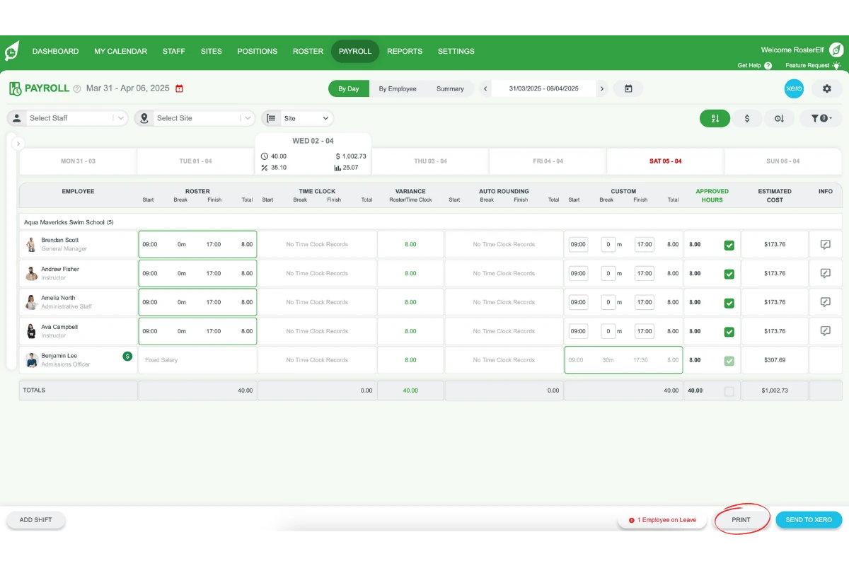 Print button on the payroll page