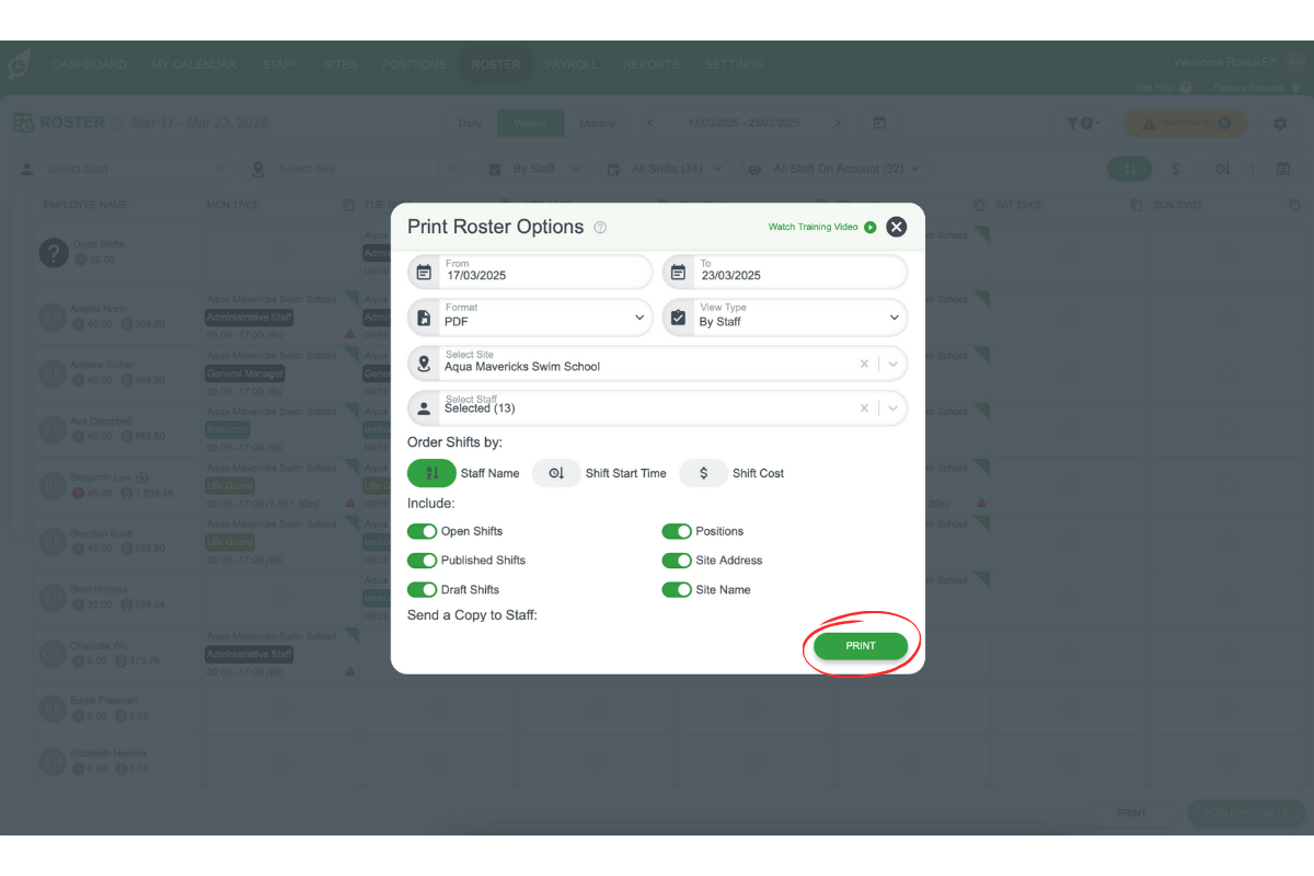 Screenshot showing Print Roster Options