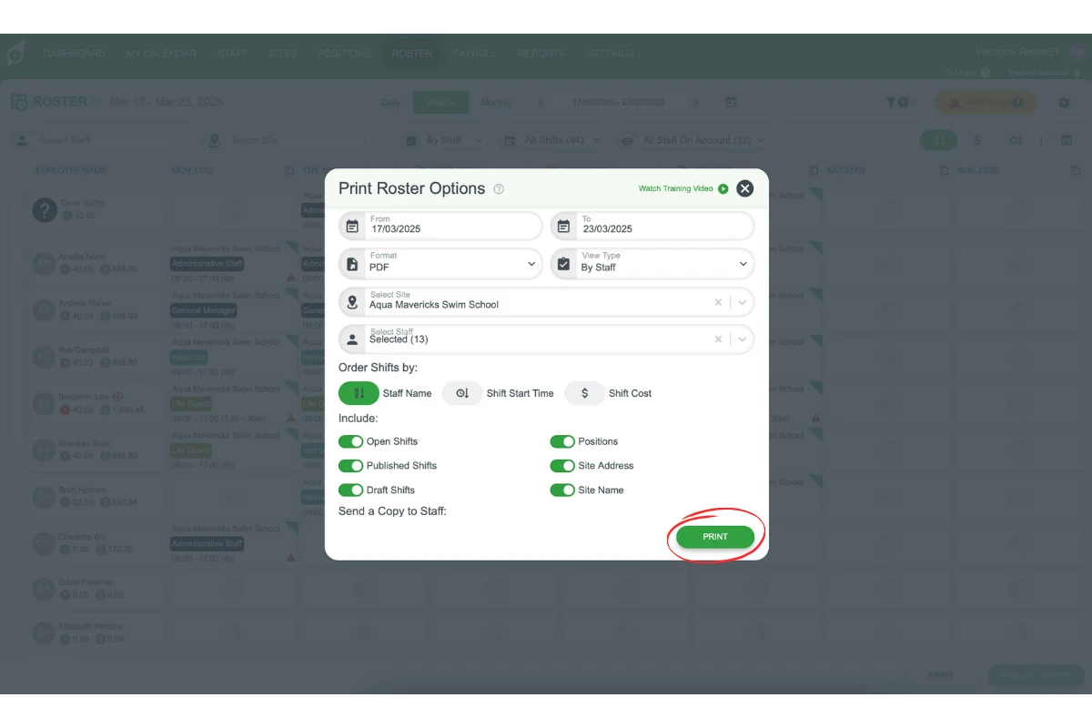 Screenshot showing Print Roster Options