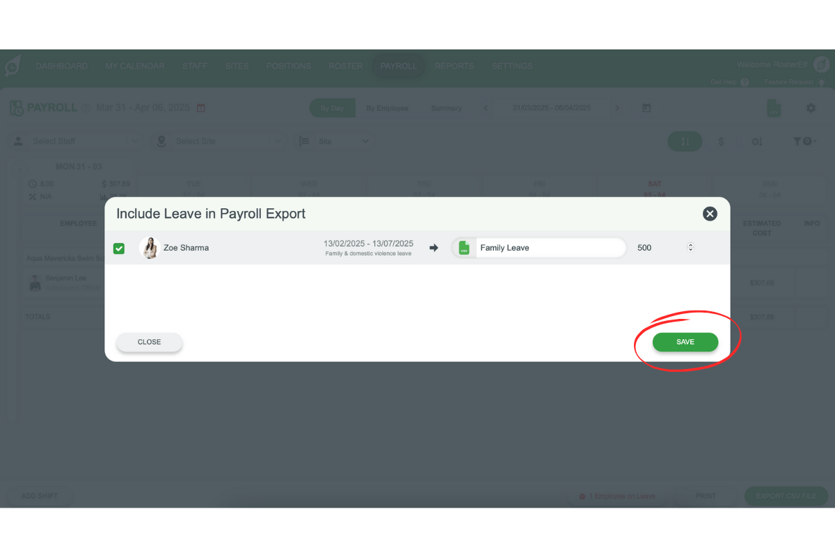 Recording leave type and hours in RosterElf
