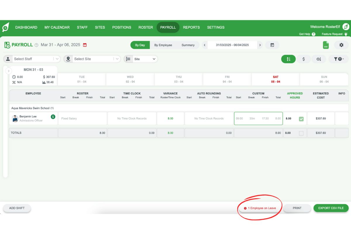 Leave alert in RosterElf payroll cycle